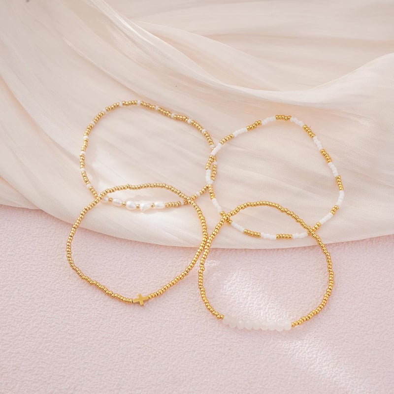 Pymach Store Dainty Gold Plated Pearl Crystal Beaded Bracelets Set for Women 14K Gold Plated Bead Pearl Beads Bracelet Stackable Paperclip Link Chain Bracelets Gold Plated Bracelets for Women Trendy Jewelry - Image 3